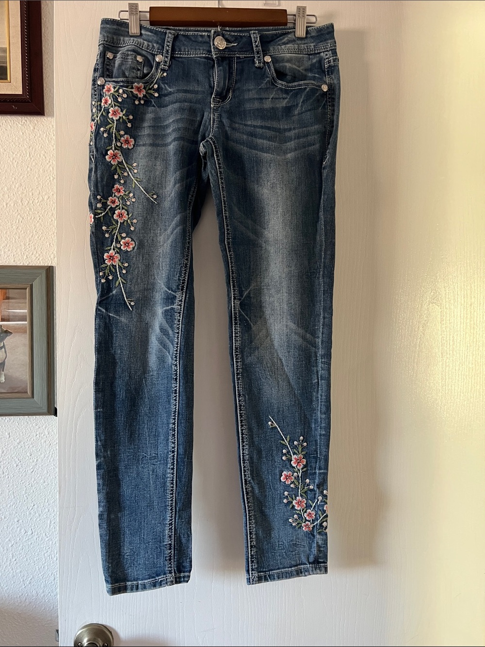 Grace Dark Blue Skinny Jeans with Pink Floral Embroidery